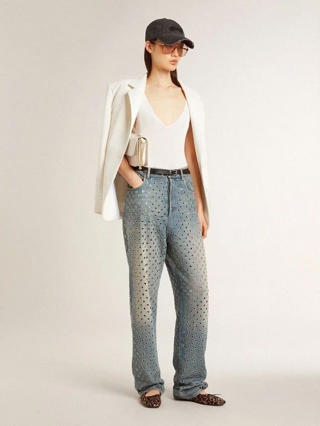 Sleeveless top embroidered with worn-white ribbing