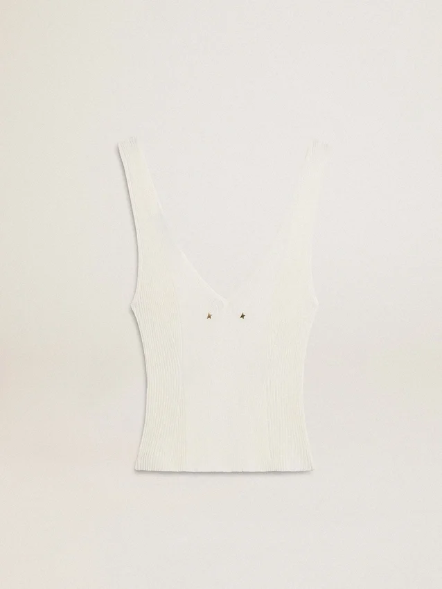 Sleeveless top embroidered with worn-white ribbing