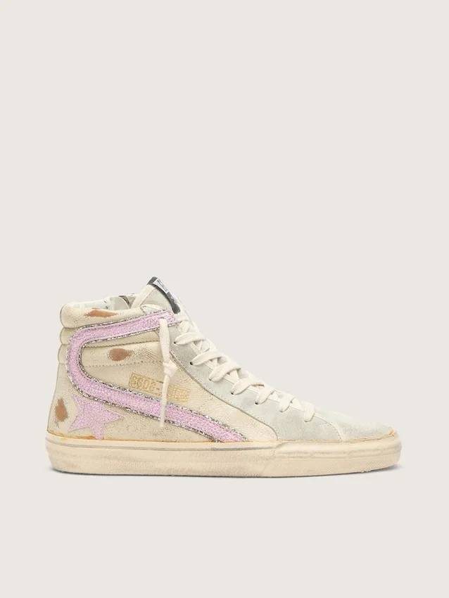 Slide in beige with pink metallic leather star and flash