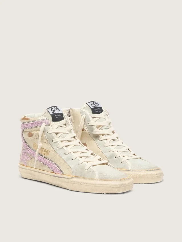 Slide in beige with pink metallic leather star and flash