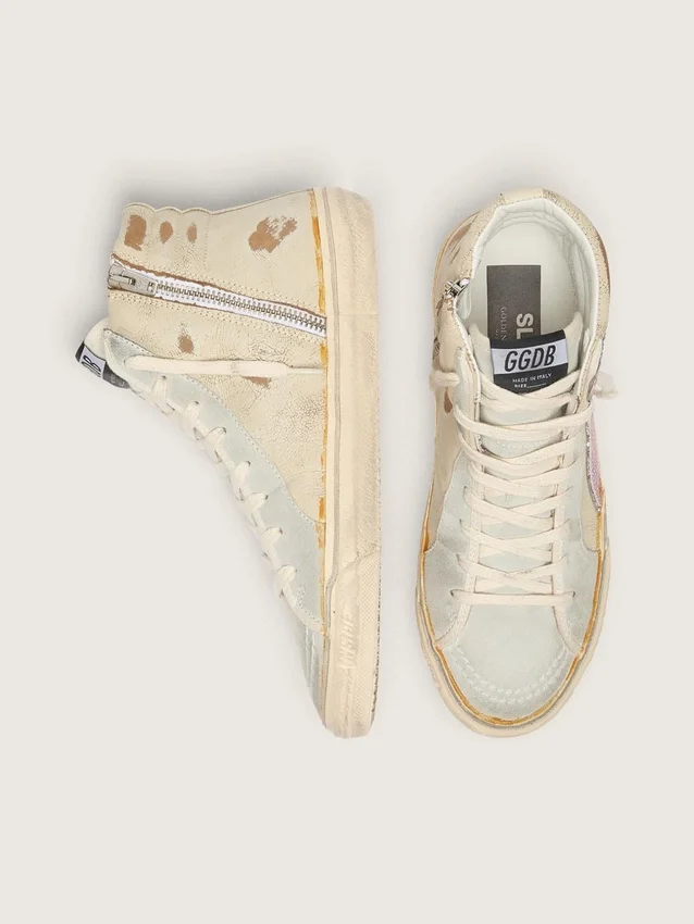 Slide in beige with pink metallic leather star and flash