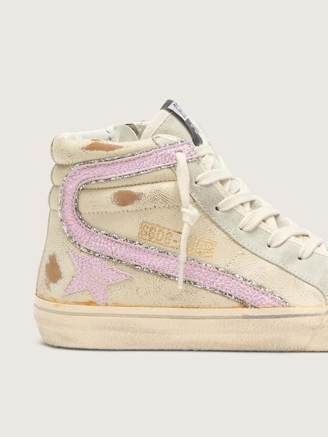 Slide in beige with pink metallic leather star and flash