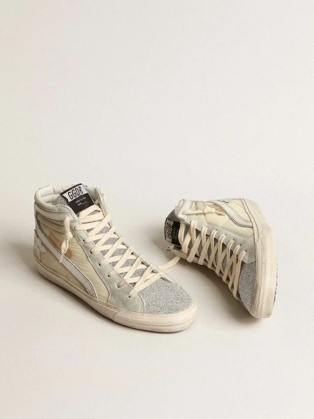 Slide in ivory nylon with white leather star and Swaroski tongue