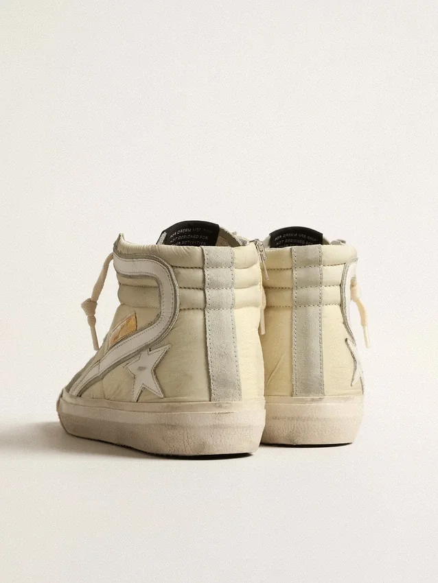 Slide in ivory nylon with white leather star and Swaroski tongue
