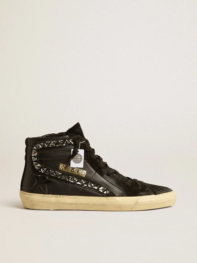 Slide in leather with black star and Swarovski crystal flash