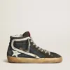 Slide in midnight-blue denim with white leather star