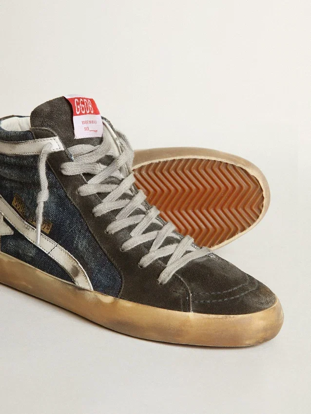 Slide in midnight-blue denim with white leather star