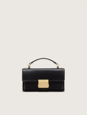 Small Venezia Bag in black boarded leather with gold details