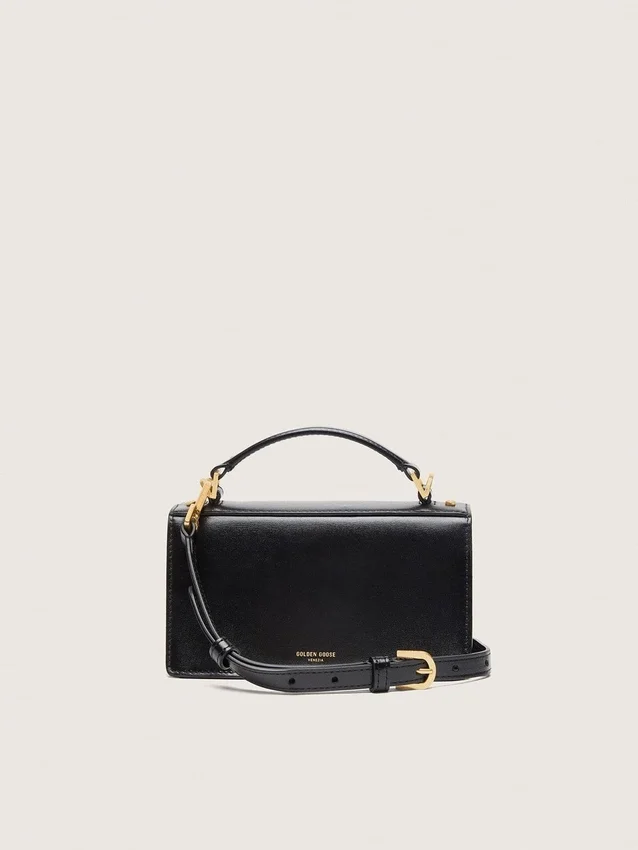 Small Venezia Bag in black boarded leather with gold details