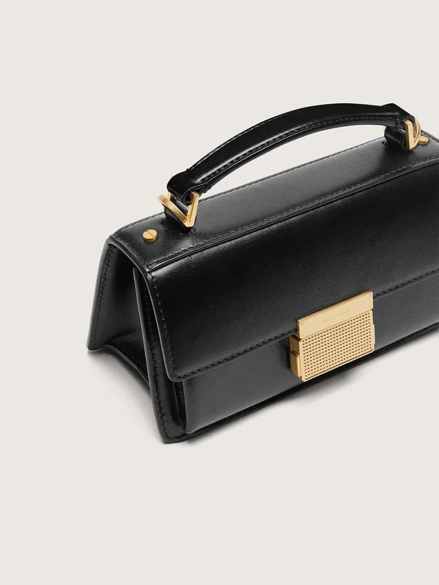 Small Venezia Bag in black boarded leather with gold details