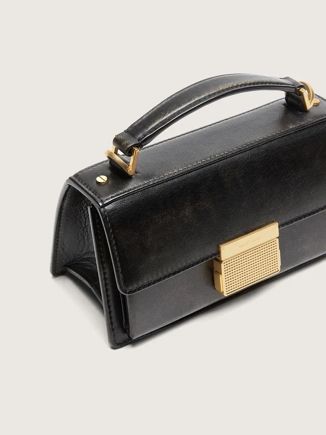 Small Venezia Bag in black distressed leather with gold details