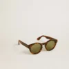 Square style Panthos sunglasses with havana brown frame and green lenses
