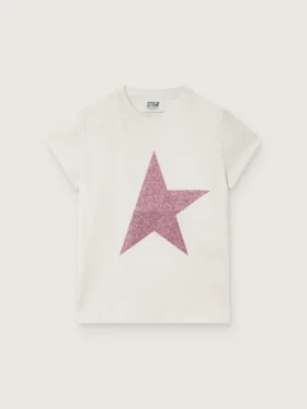 Star girls’ T-shirt in white cotton jersey with pink glitter star