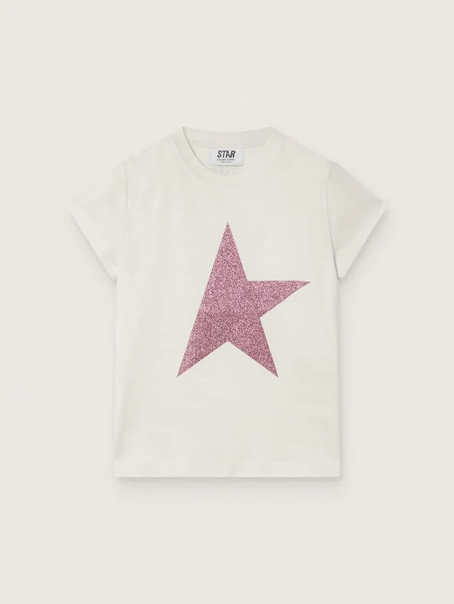 Star girls’ T-shirt in white cotton jersey with pink glitter star