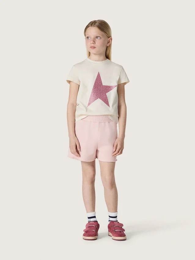 Star girls’ T-shirt in white cotton jersey with pink glitter star