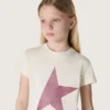 Star girls’ T-shirt in white cotton jersey with pink glitter star