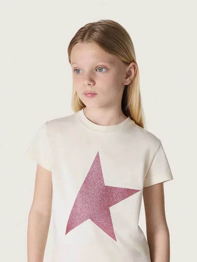 Star girls’ T-shirt in white cotton jersey with pink glitter star