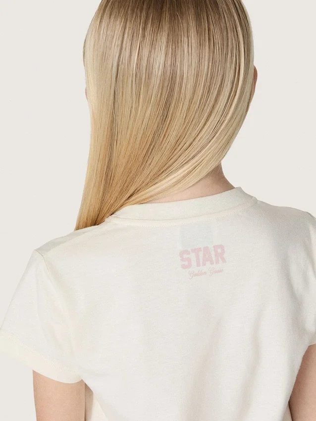 Star girls’ T-shirt in white cotton jersey with pink glitter star