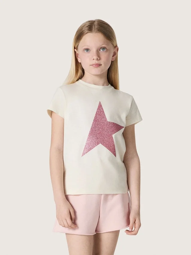 Star girls’ T-shirt in white cotton jersey with pink glitter star