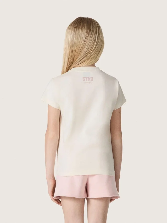 Star girls’ T-shirt in white cotton jersey with pink glitter star