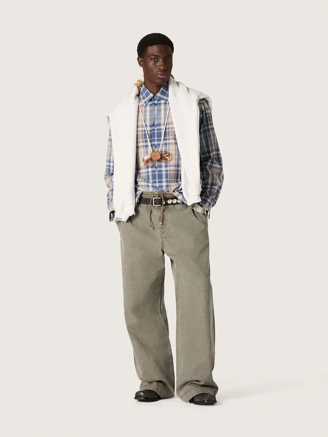 Men's oversized shirt in indigo and beige checked cotton