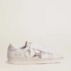 Stardan in nappa leather with metallic silver leather star and pink suede heel tab