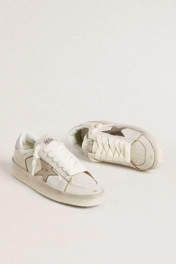 Stardan in nappa leather with metallic silver leather star and pink suede heel tab