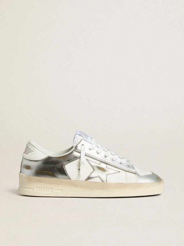 Stardan in silver foiled leather with white heel tab