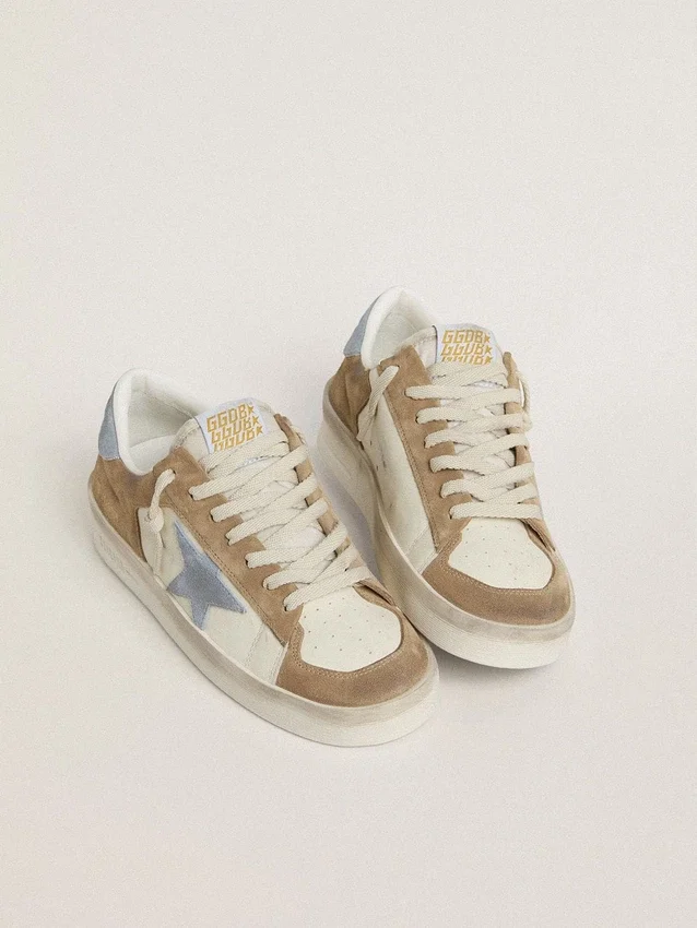 Stardan LTD in white leather and tobacco suede with light blue suede star and heel tab