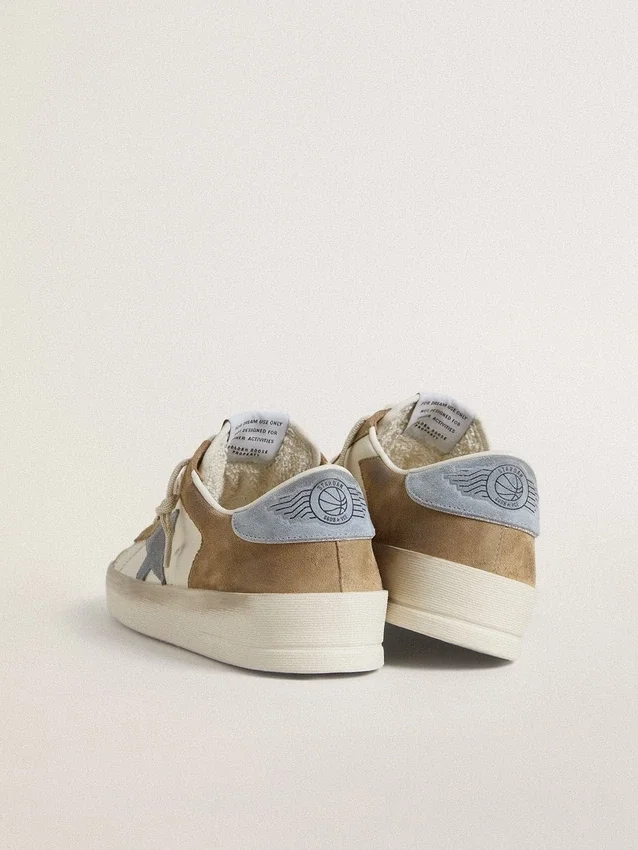 Stardan LTD in white leather and tobacco suede with light blue suede star and heel tab
