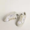 Stardan LTD in white leather with star and heel tab in ice-gray suede