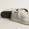 Stardan LTD in white leather with star and heel tab in ice-gray suede
