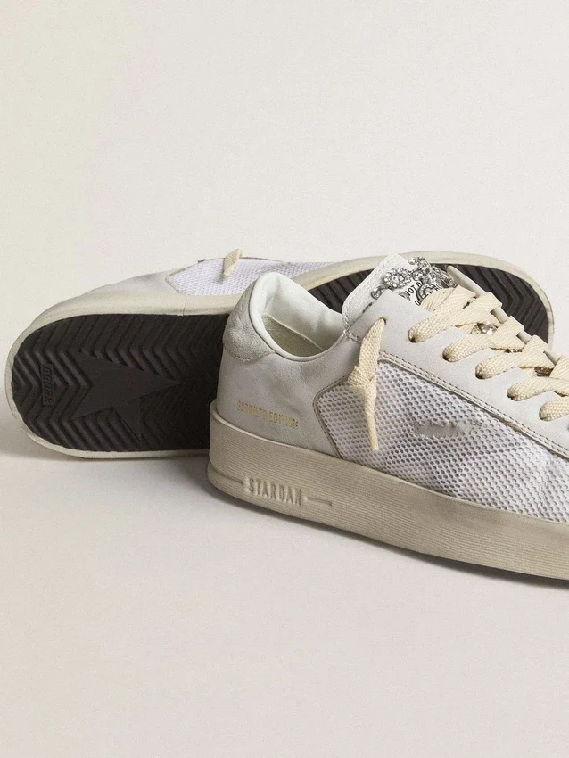 Stardan LTD in white leather with star and heel tab in ice-gray suede