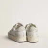 Stardan LTD in white leather with star and heel tab in ice-gray suede