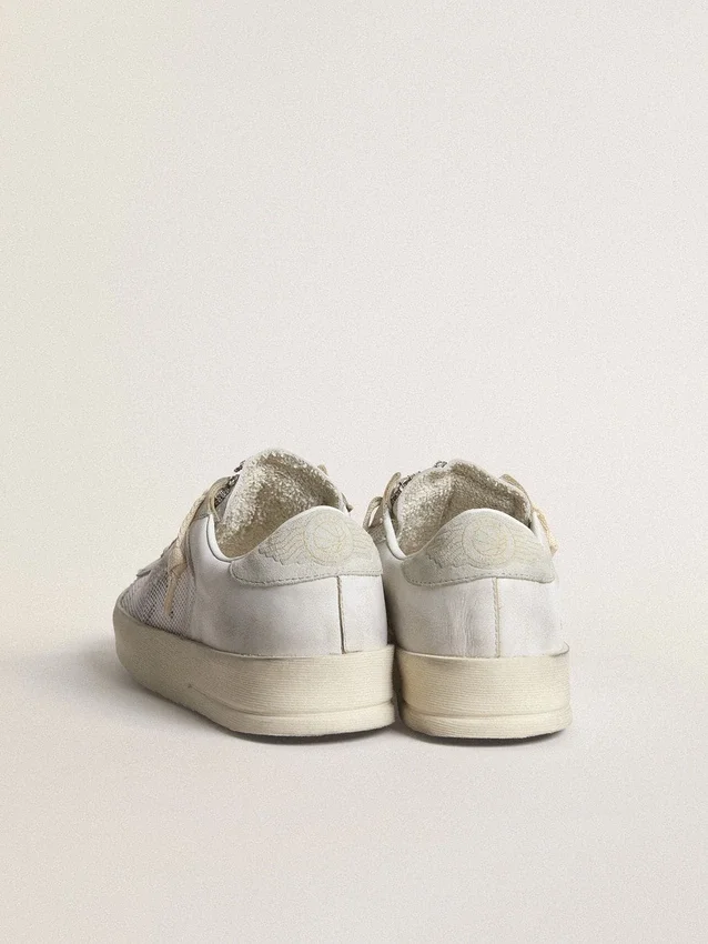 Stardan LTD in white leather with star and heel tab in ice-gray suede