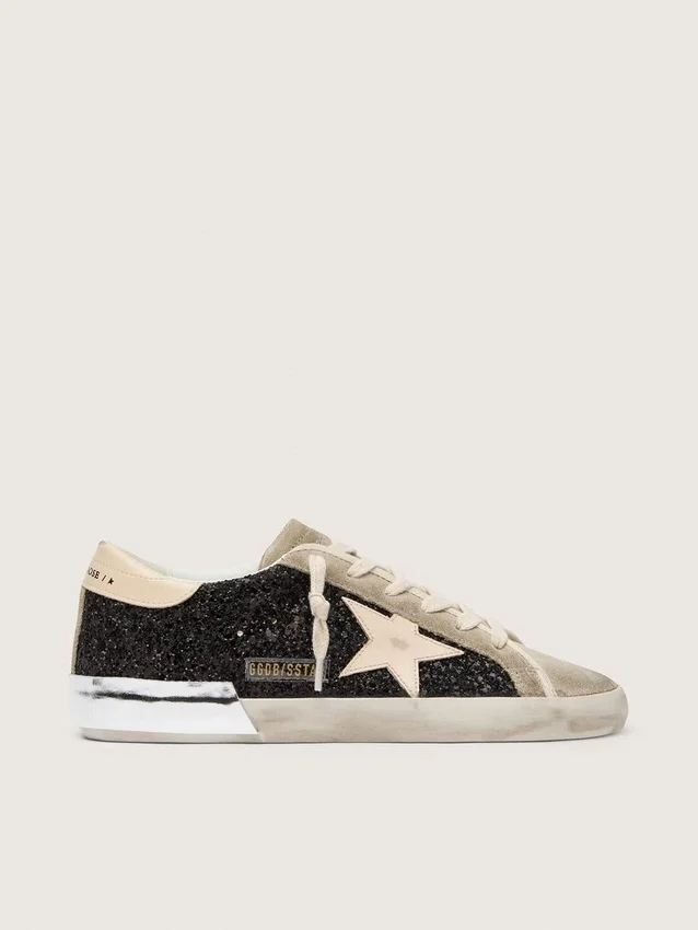 Super-Star in black glitter with cream star and suede inserts