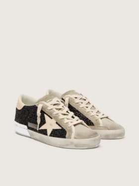 Super-Star in black glitter with cream star and suede inserts