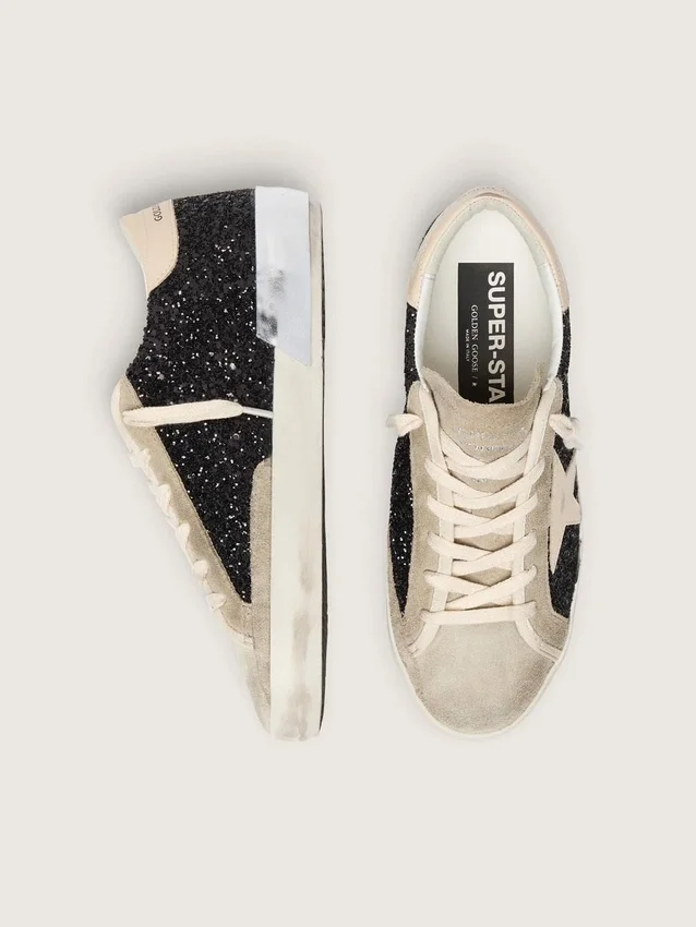 Super-Star in black glitter with cream star and suede inserts