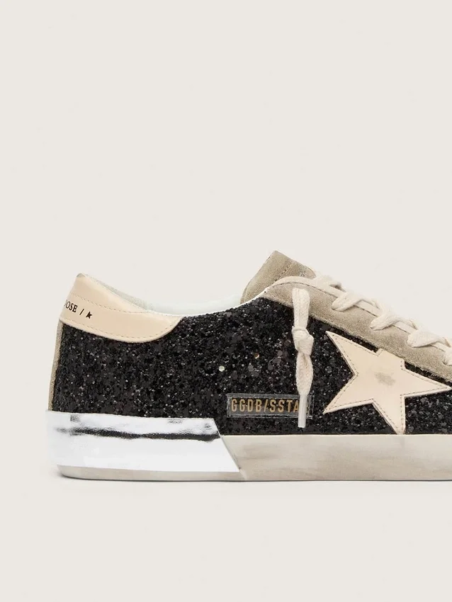 Super-Star in black glitter with cream star and suede inserts
