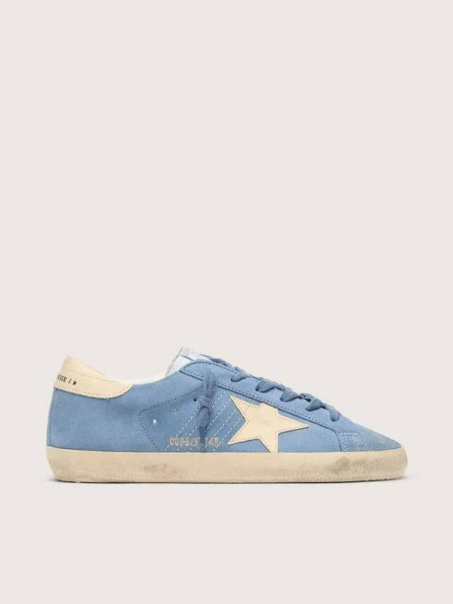 Super-Star in light blue suede with beige leather star and heel tab