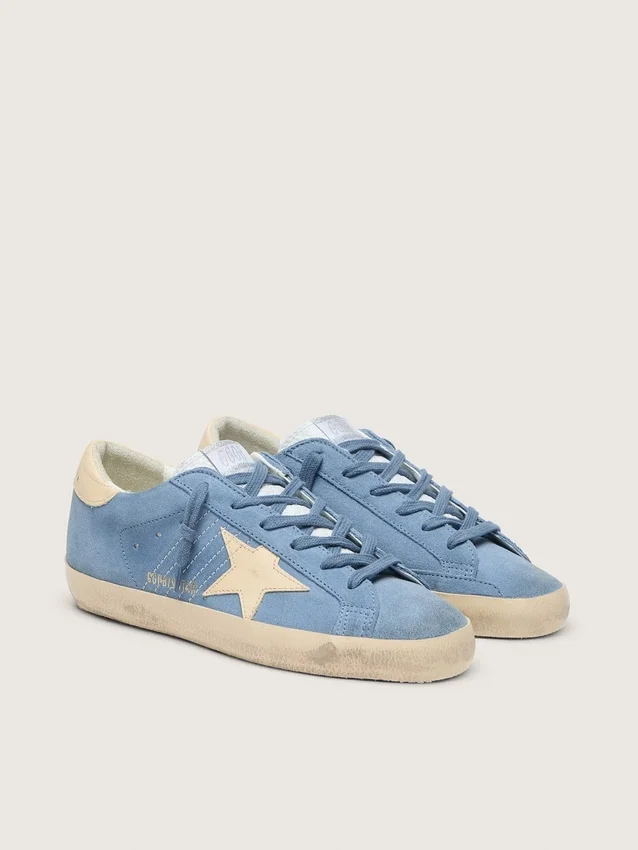 Super-Star in light blue suede with beige leather star and heel tab