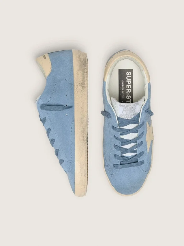 Super-Star in light blue suede with beige leather star and heel tab