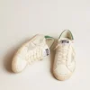 Super-Star in white leather with ice-gray suede star and green leather heel tab