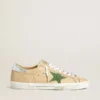 Super-Star LTD in beige leather with green suede star and silver foiled leather heel tab