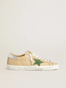 Super-Star LTD in beige leather with green suede star and silver foiled leather heel tab