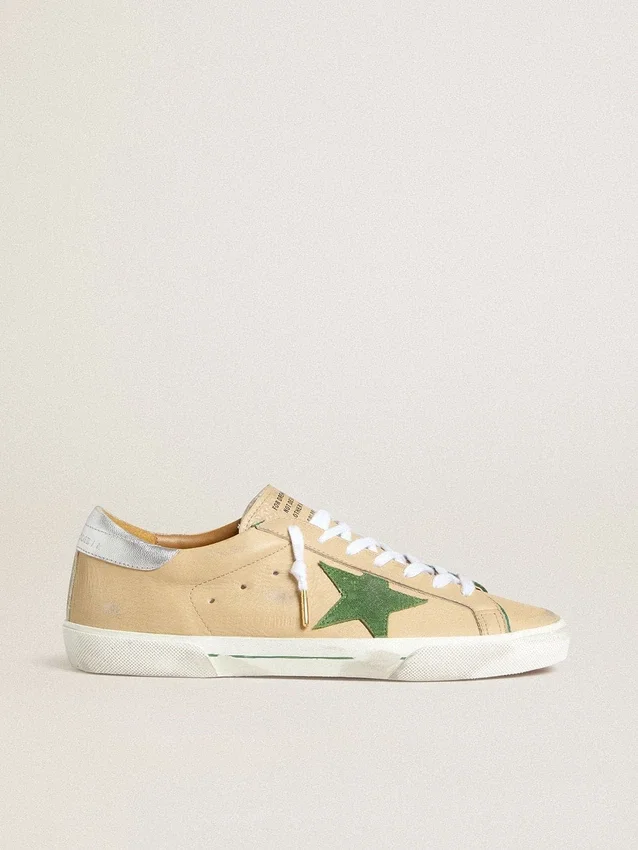 Super-Star LTD in beige leather with green suede star and silver foiled leather heel tab