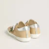Super-Star LTD in beige leather with green suede star and silver foiled leather heel tab