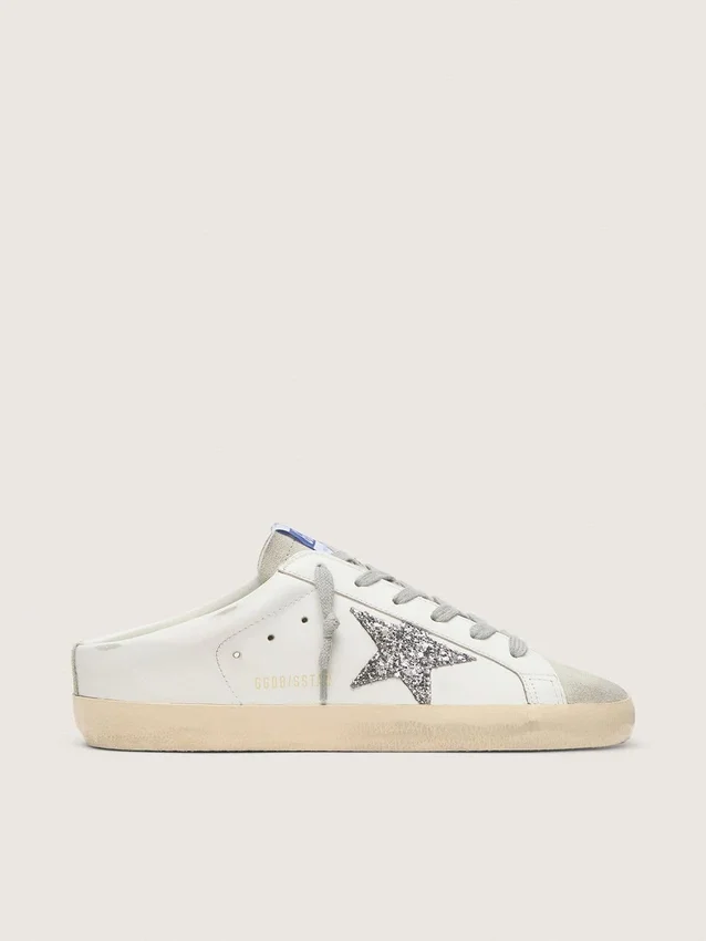 Super-Star Sabot with a platinum glitter star and suede tongue