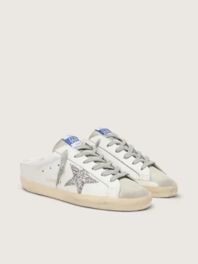 Super-Star Sabot with a platinum glitter star and suede tongue