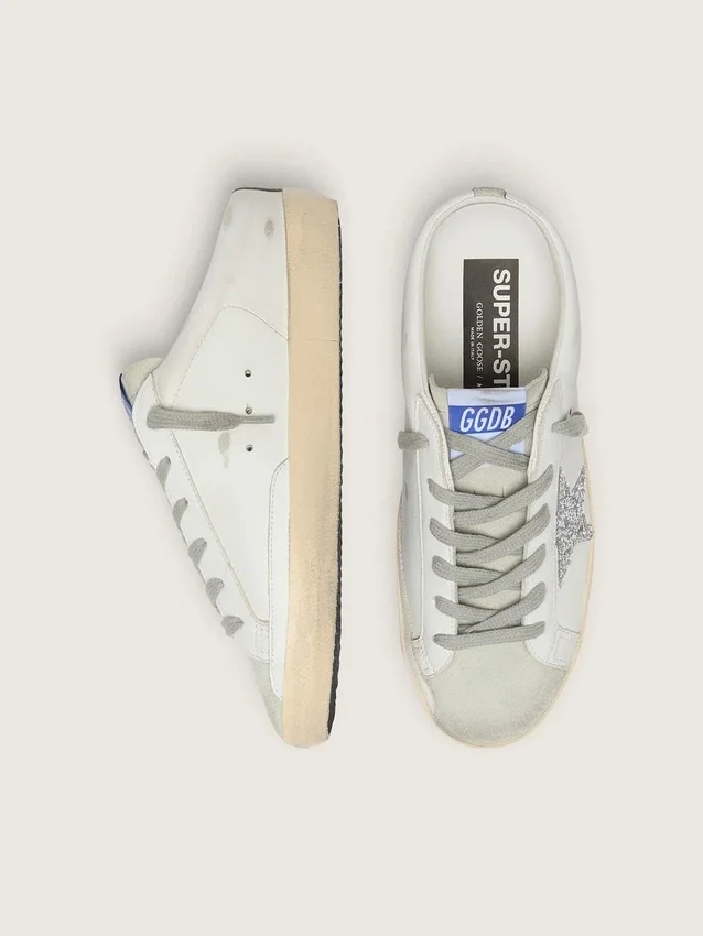 Super-Star Sabot with a platinum glitter star and suede tongue